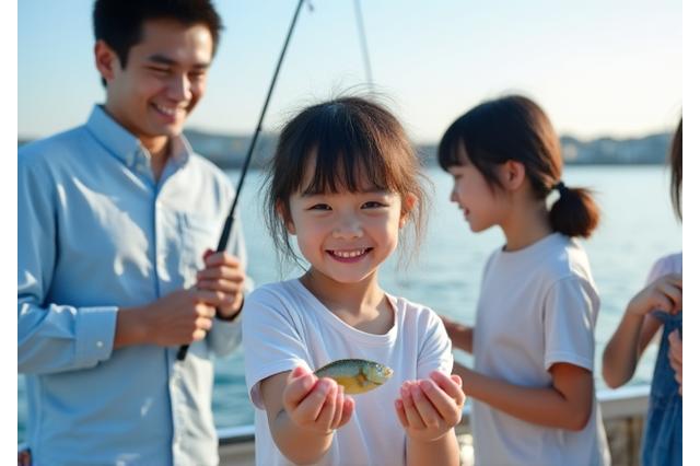 家族でチャーター釣りを楽しむ様子、子供たちが笑顔で魚を持っている