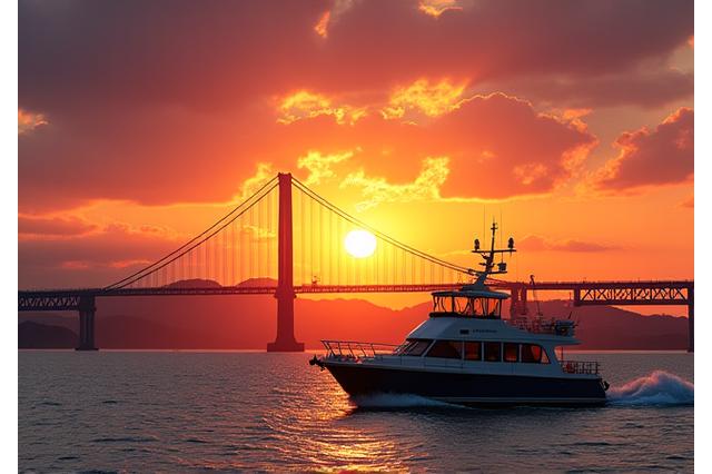 横浜のベイブリッジと夕焼けを背景にしたチャーター船