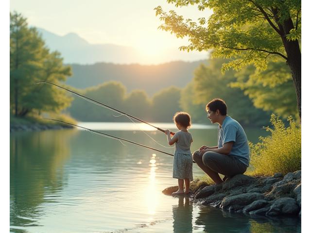 日本の湖畔で魚を釣る子供と大人