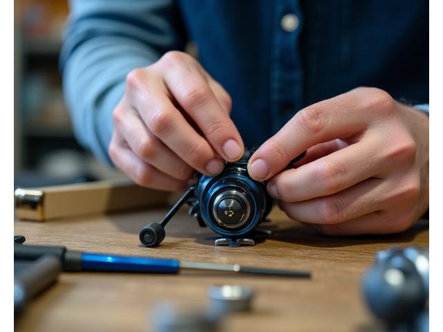 釣具の竿とリールを修理している職人の手元